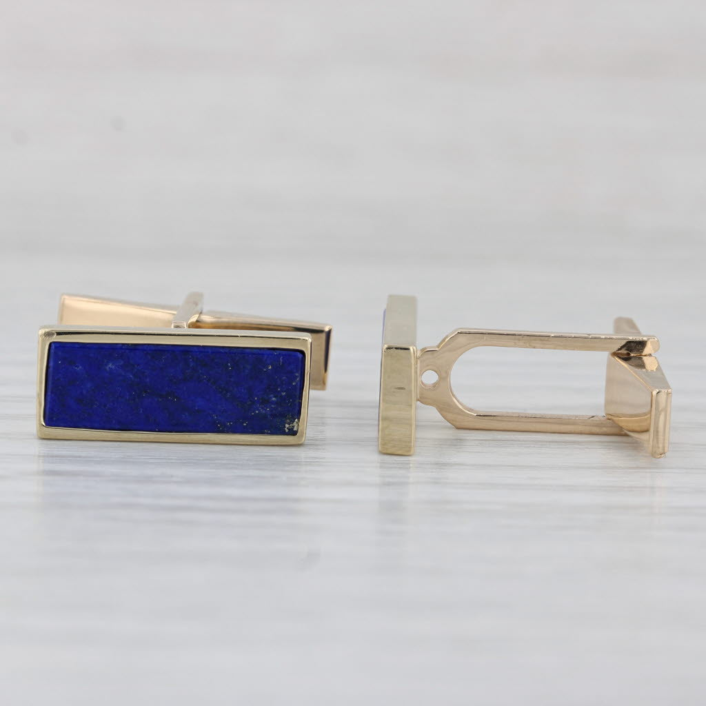 Light Gray Lapis Lazuli Cufflinks 14k Yellow Gold Folding Bar Backs Men's Suite Accessory