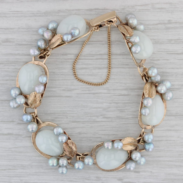 Mings Jadeite Jade Cultured Pearl Flower Bracelet 14k Yellow Gold 7"