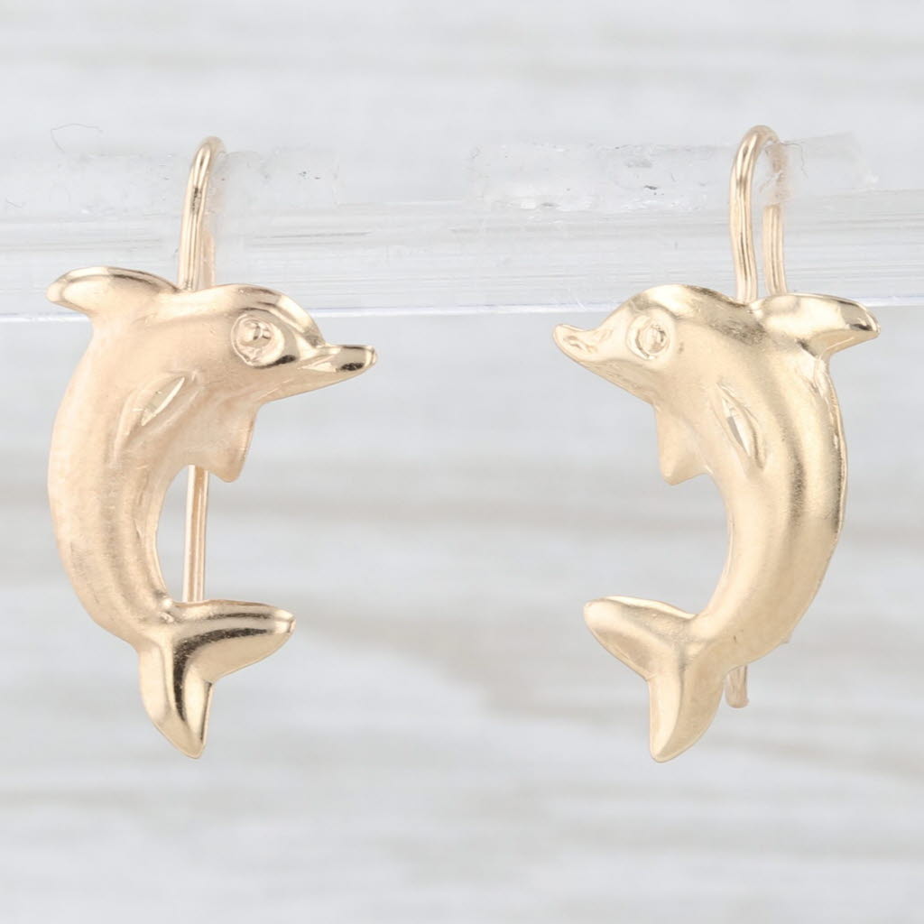 Light Gray Dolphin Drop Earrings 10k Yellow Gold Hook Posts Nautical Jewelry
