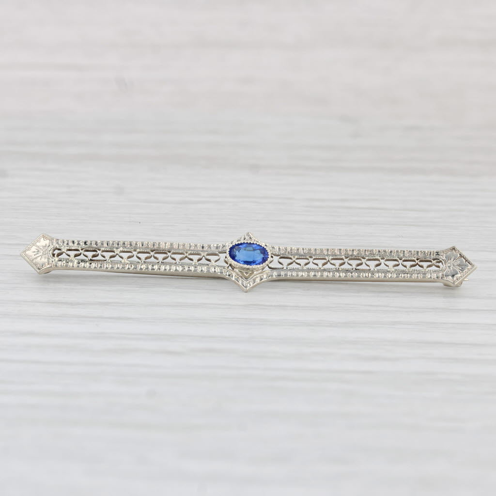 Light Gray Art Deco 0.35ct Blue Lab Created Sapphire Filgiree Bar Pin 14k White Gold