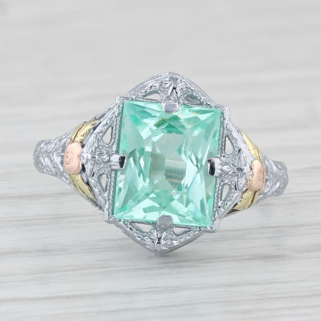 Light Gray Vintage Lab Created Green Spinel Ring 10k White Gold Filigree Size 6.25