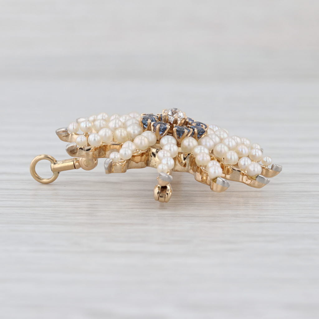 Vintage Pearl Sapphire Diamond Sun Brooch Convertiable Pendant 14k Gold Pin