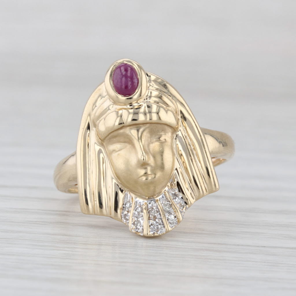 Ruby Diamond Egyptian Pharaoh Bust Ring 14k Yellow Gold Size 8.5