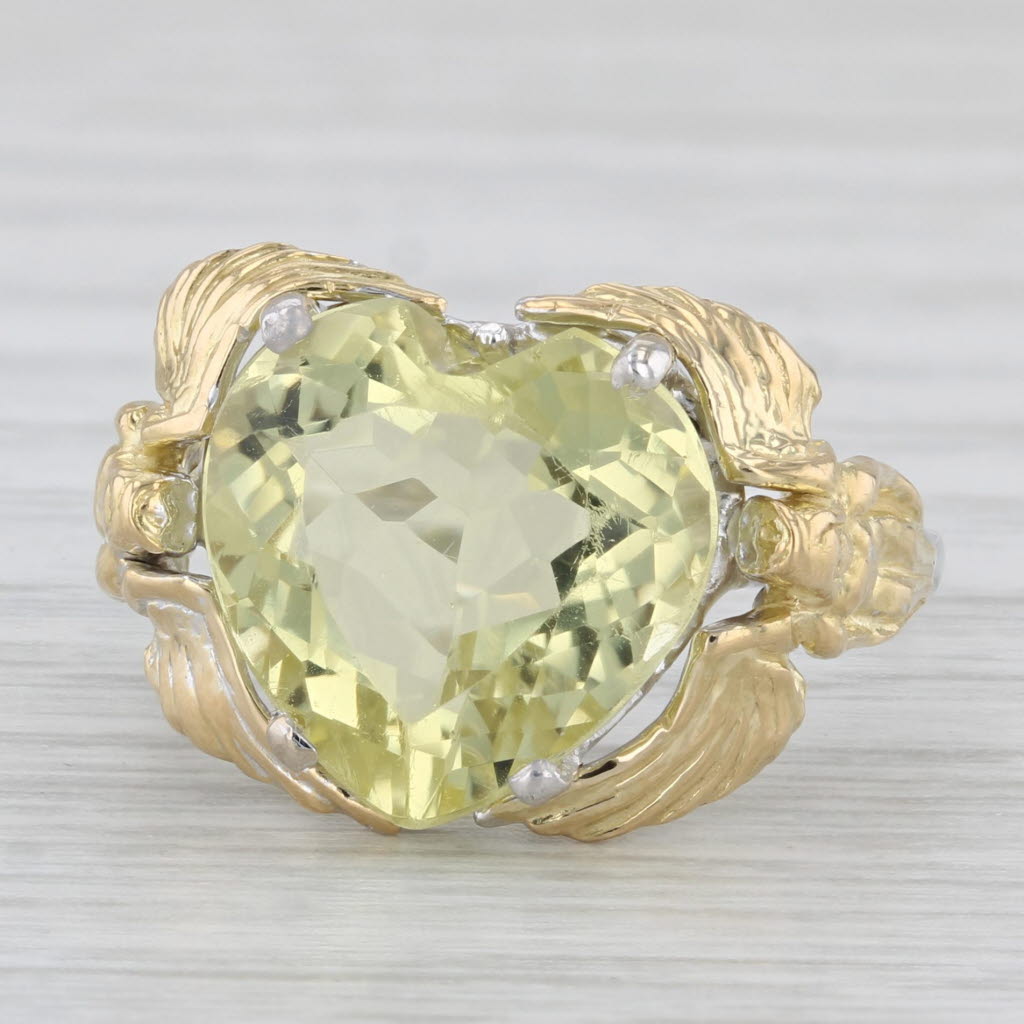 Light Gray 4.40ct Green Yellow Quartz Heart Ring 14k 18k Gold Size 6.75