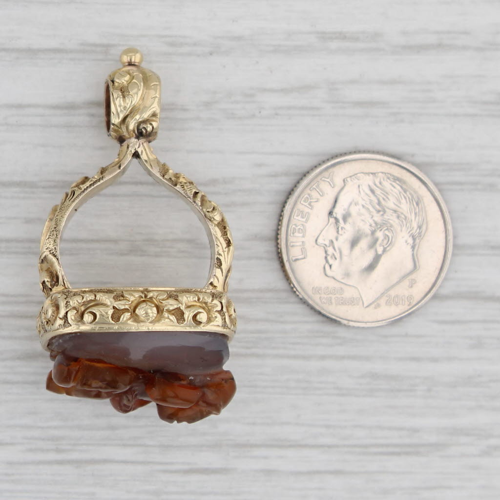 Gray Antique Brown Agate Cameo Figural Fob Charm Pendant 14k Gold