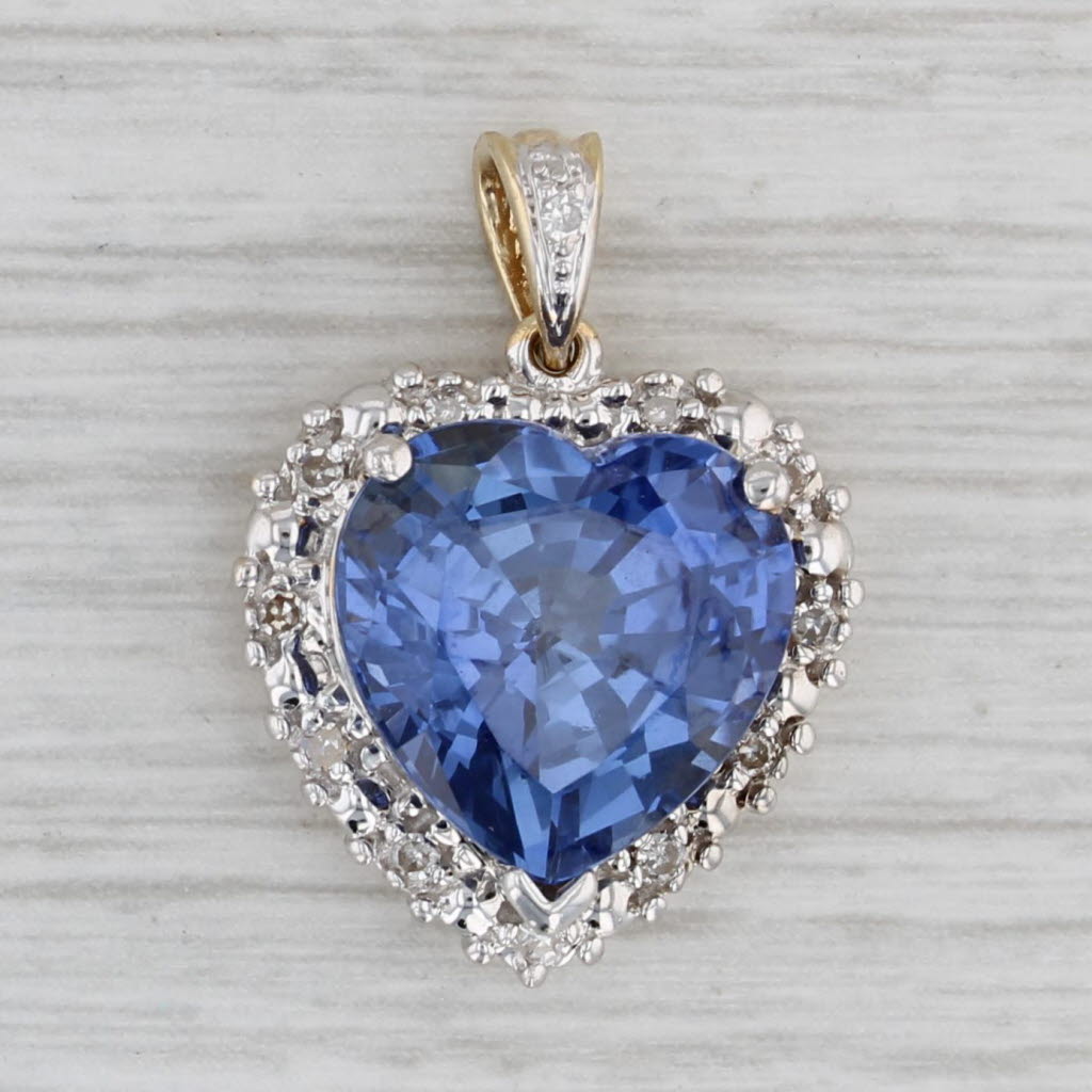 Gray 7.75ctw Lab Created Blue Sapphire Heart Diamond Halo Pendant 14k Yellow Gold