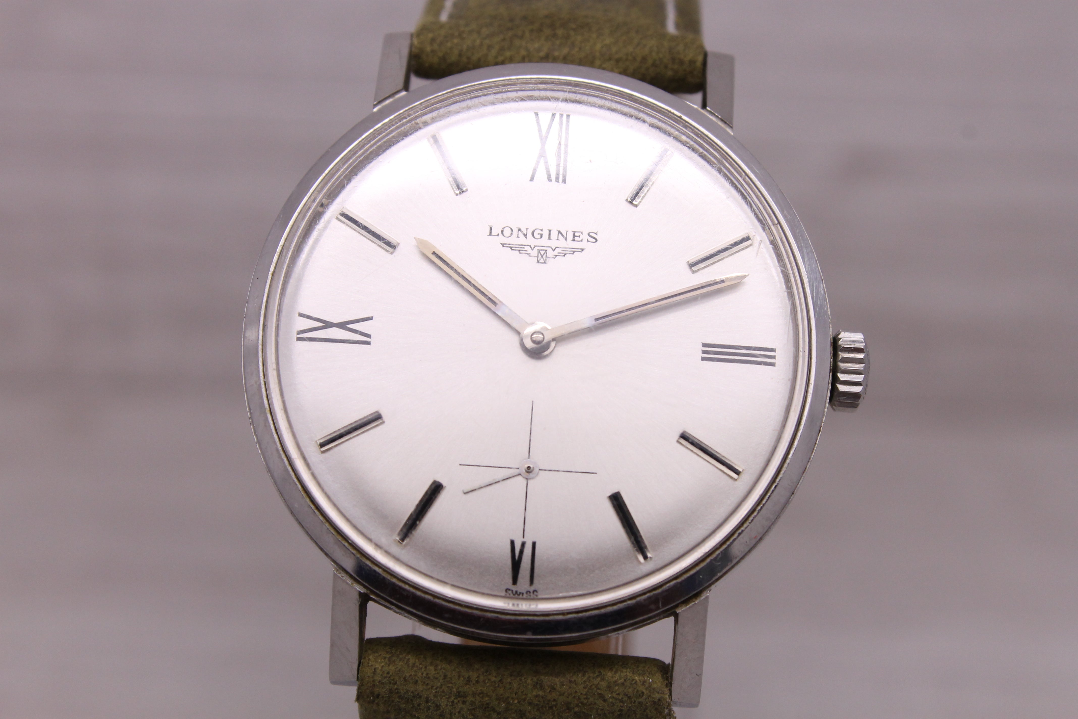 Light Slate Gray Vintage c.1967 Longines 35mm Stainless Steel Manual Mens Watch ORIGINAL Dial 302