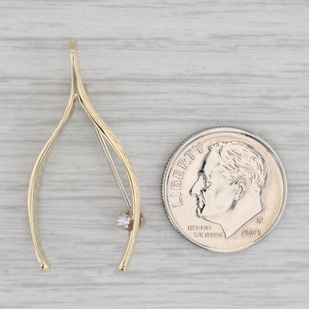 Gray Diamond Accent Wishbone Brooch 14k Yellow Gold Pin Good Luck