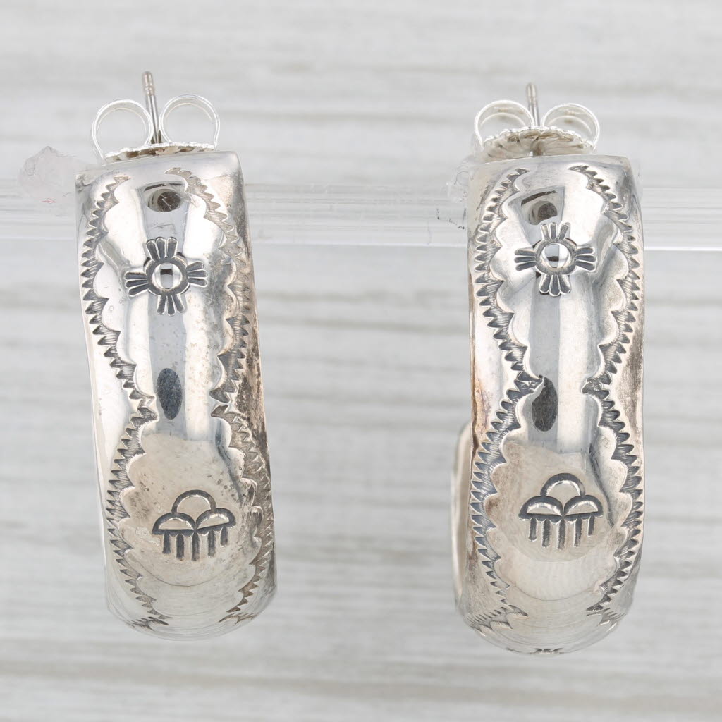 Light Gray Vintage Navajo Native American Stamped Raincloud Hoop Earrings Sterling Silver