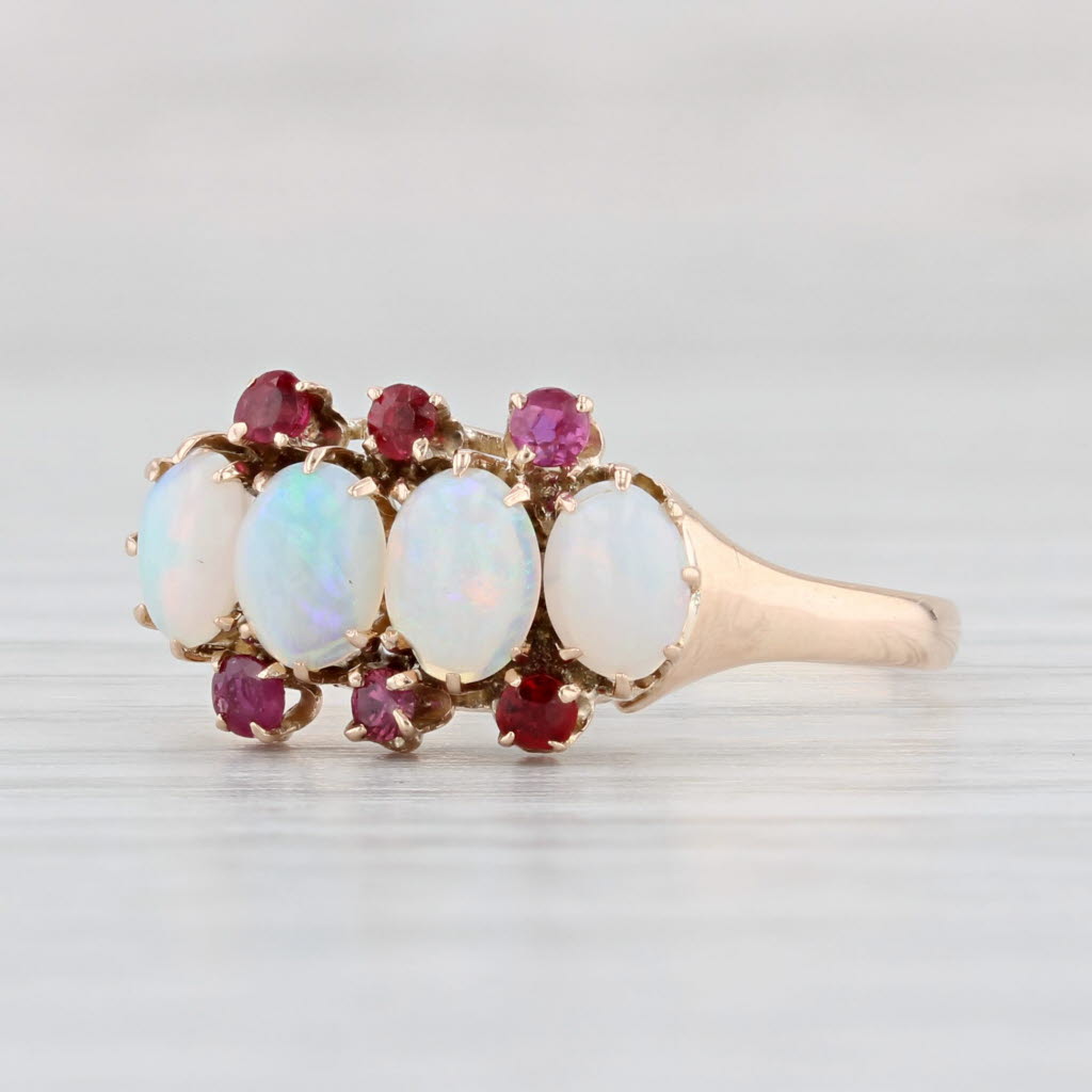 Light Gray Victorian Opal Garnet Ruby Ring 9k Rose Gold Size 8 Antique