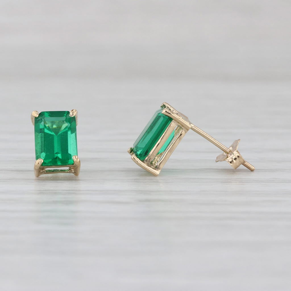 Green Glass Stud Earrings 14k Yellow Gold Emerald Cut Solitaire Studs
