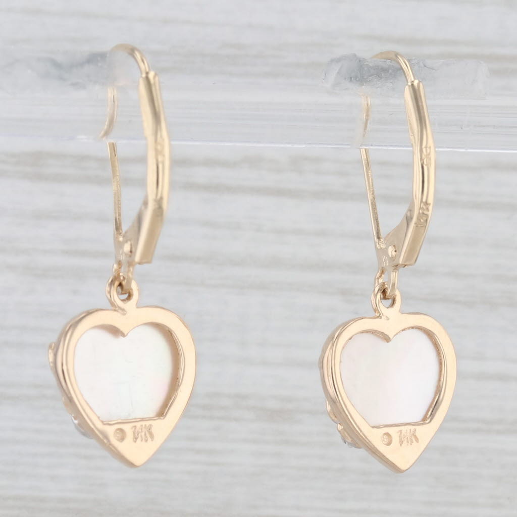 Light Gray Mother of Pearl Heart Dangle Earrings 14k Yellow Gold Diamonds Lever Backs