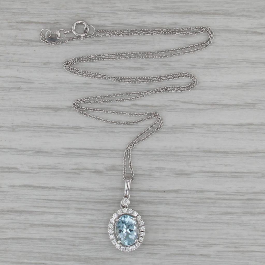 New 1.45ctw Aquamarine Diamond Halo Pendant Necklace 14k White Gold 18"