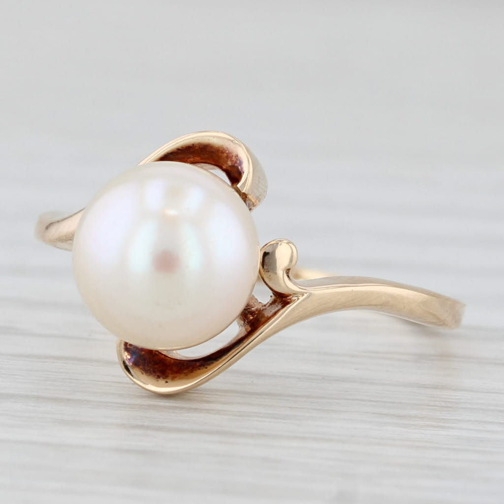 Light Gray Cultured Pearl Bead Solitaire Bypass Ring 14k Yellow Gold Size 6.75