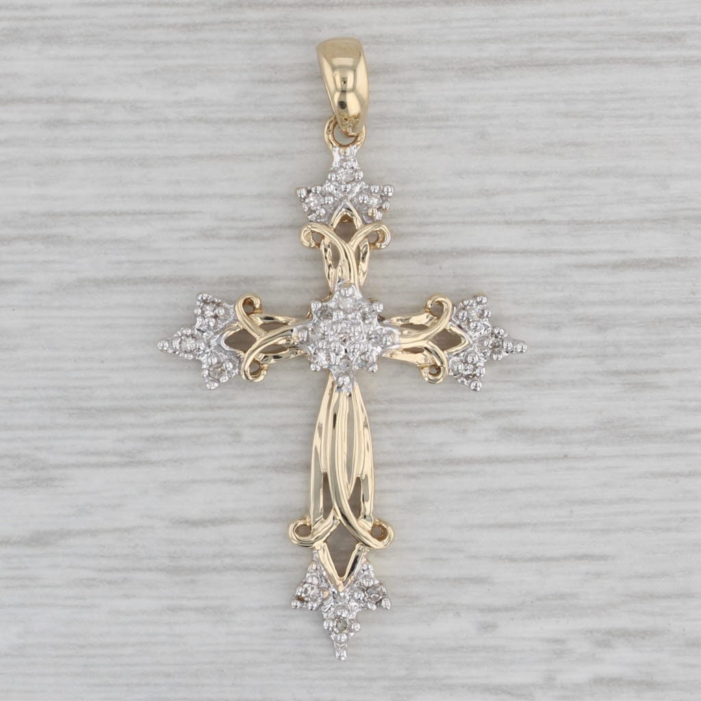 Gray Ornate Diamond Cross Pendant 10k Yellow Gold