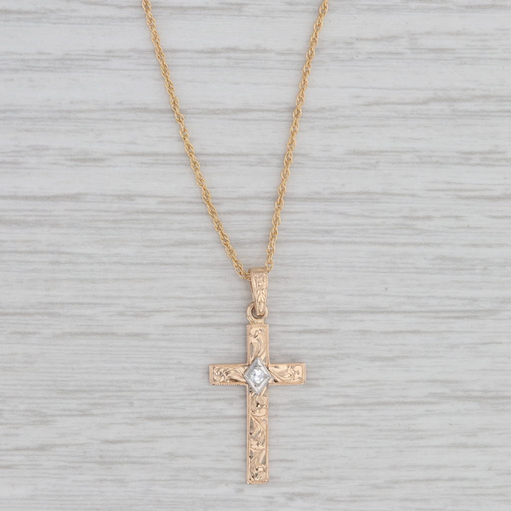 Gray Vintage Diamond Accented Ornate Cross Pendant Necklace 14k Gold 18" Rope Chain