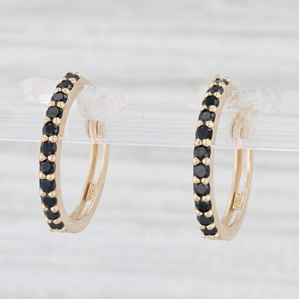 Light Gray Black Cubic Zirconia Hoop Huggie Earrings 14k Yellow Gold Round Hoops