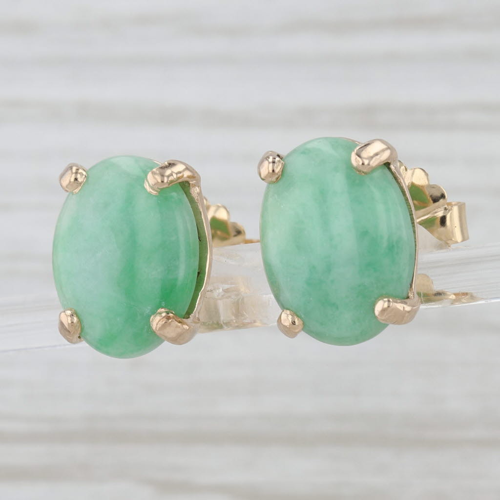 Green Jadeite Jade Stud Earrings 14k Yellow Gold Oval Cabochon Studs