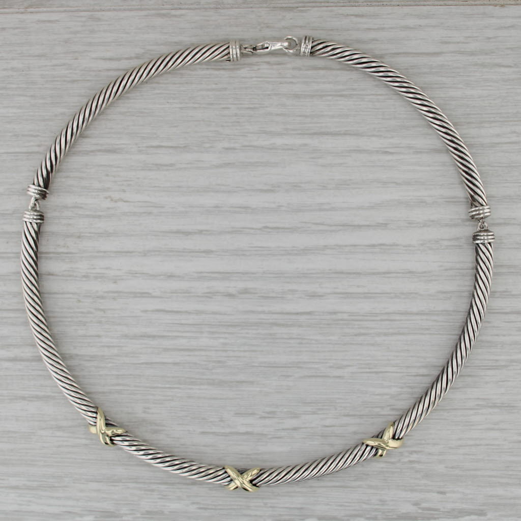 David Yurman Cable Necklace Sterling Silver 14k Gold X Pattern 15" 5mm