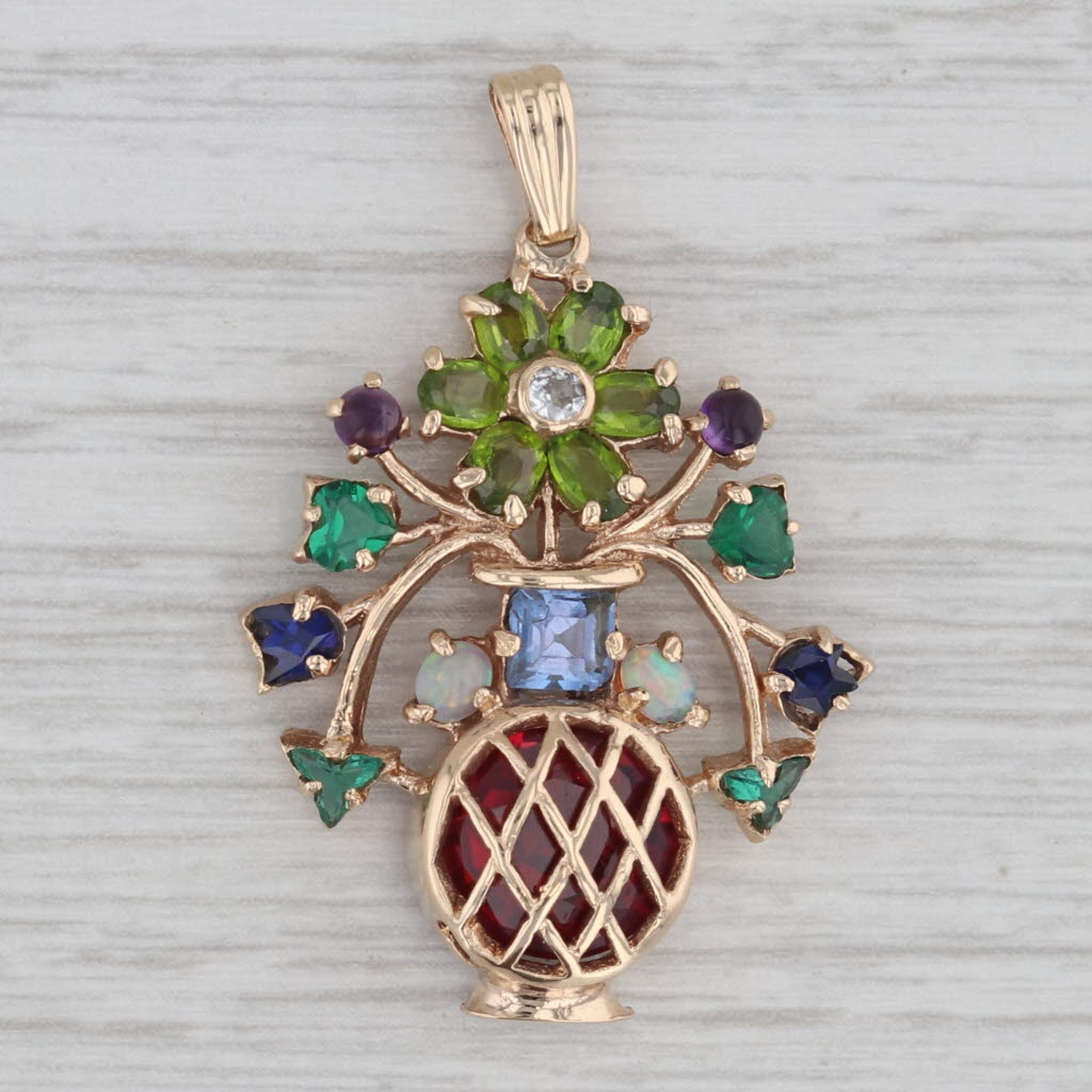 Gray Gemstone Flower Vase Pendant 14k Gold Garnet Amethyst Opal Lab Created Sapphire