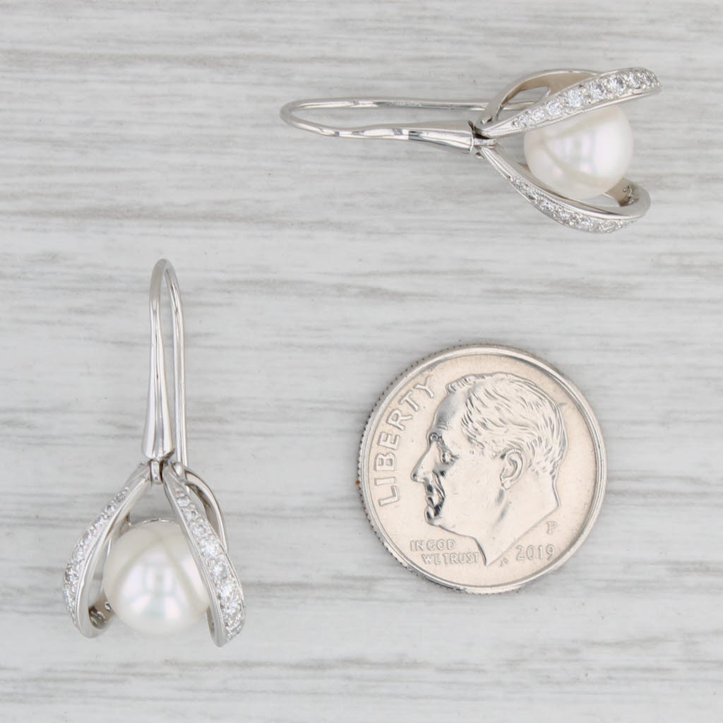 Light Gray Cultured Pearl Diamond Dangle Earrings 900 Platinum Hook Posts