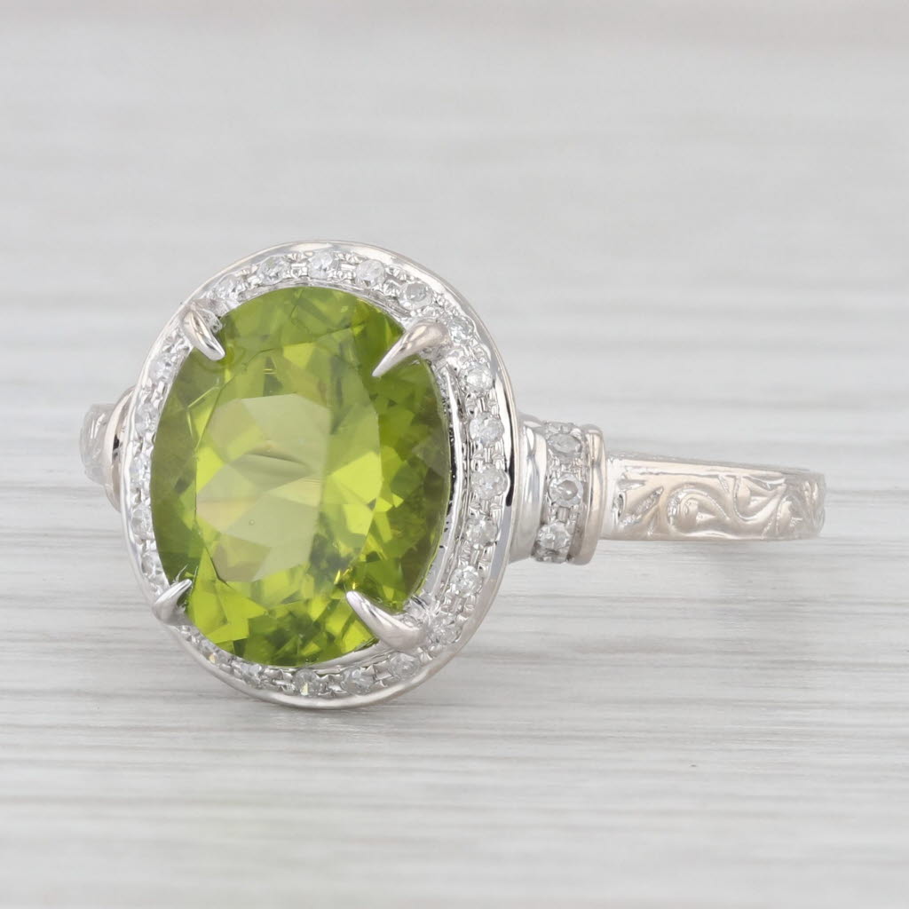 Light Gray 4.25ctw Oval Green Peridot Diamond Halo Ring 10k White Gold Size 8.25