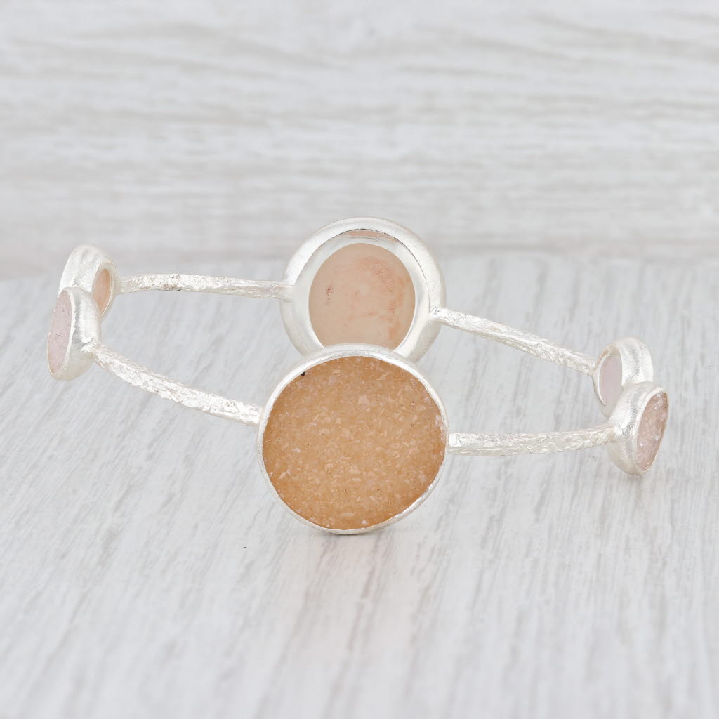 New Nina Wynn Bangle Bracelet Sand White Druzy Quartz Sterling Silver 8"