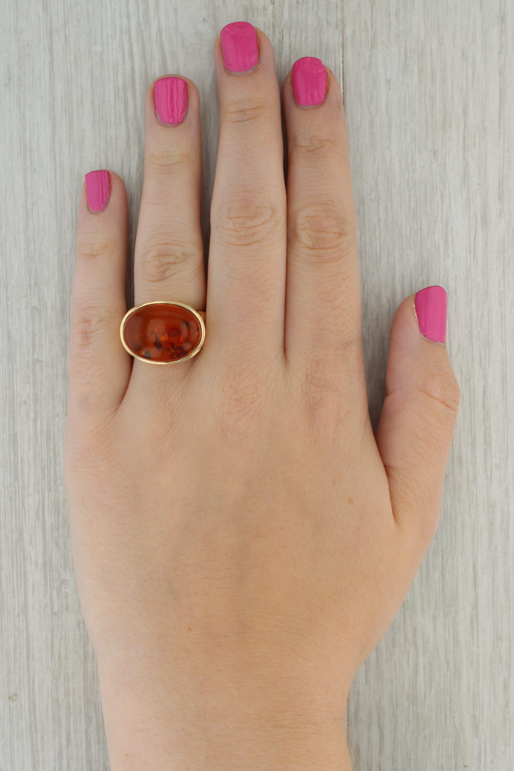 Rosy Brown Amber Cabochon 14K Yellow Gold Ornate Cocktail Ring Size 9