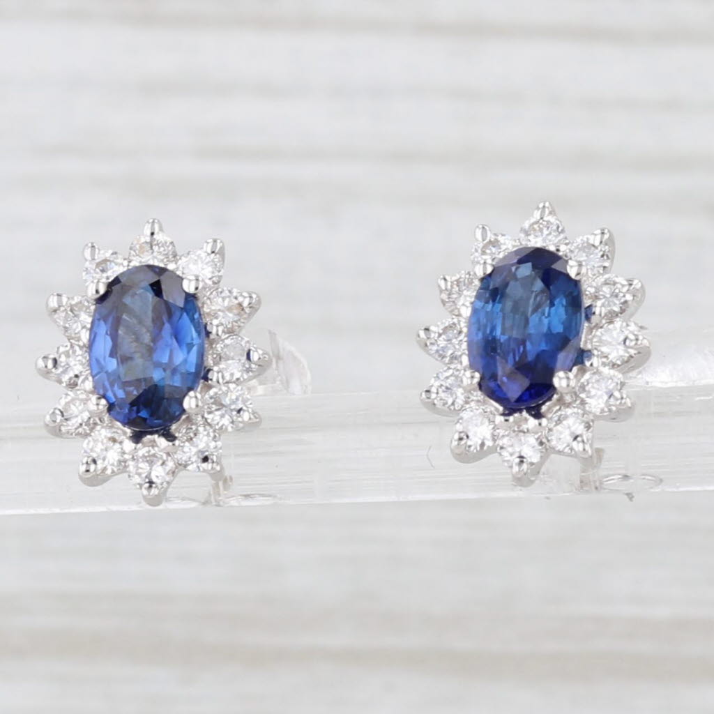Light Gray 1.62ctw Blue Sapphire Diamond Halo Stud Earrings 18k White Gold