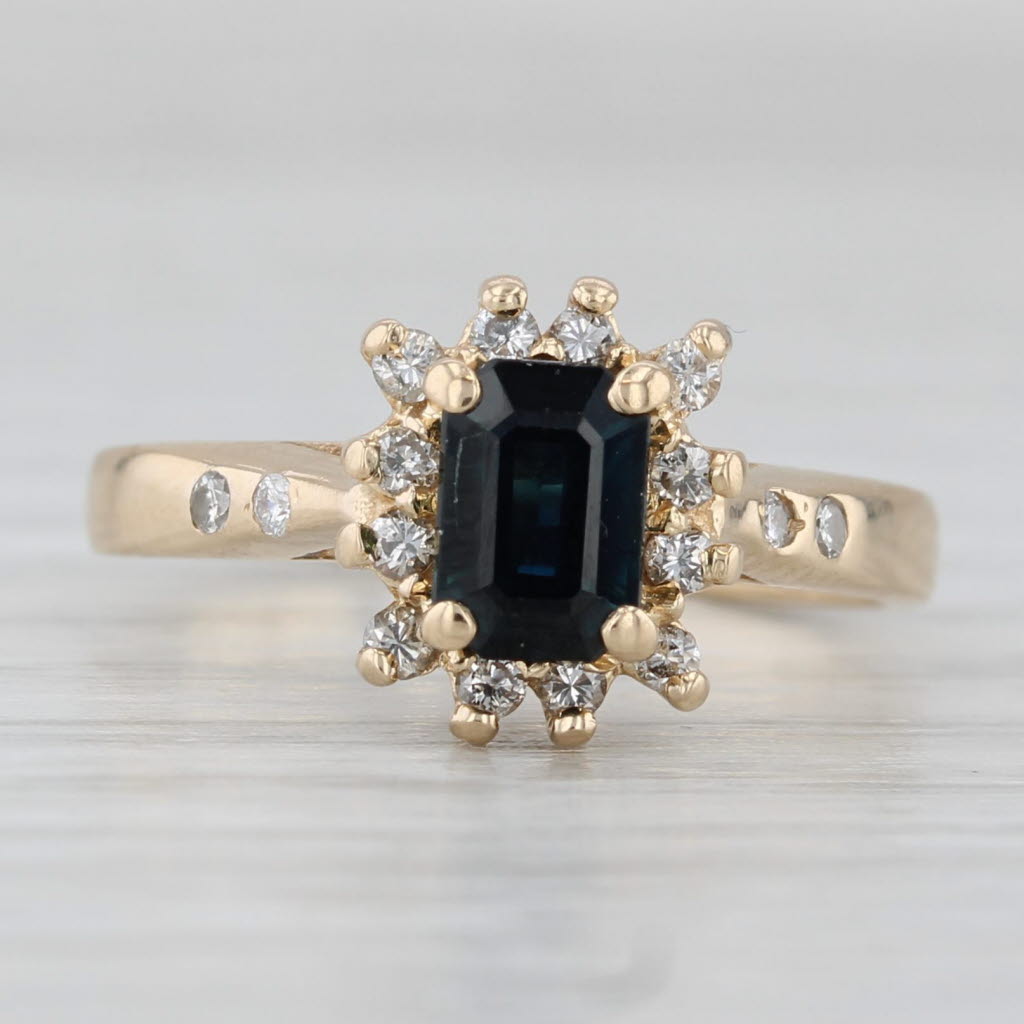Light Gray 0.83ctw Blue Sapphire Diamond Halo Ring 14k Yellow Gold size 4 Engagement