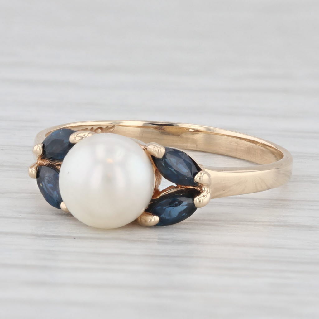 Light Gray Cultured Pearl Blue Sapphire Ring 10k Yellow Gold Size 6.75