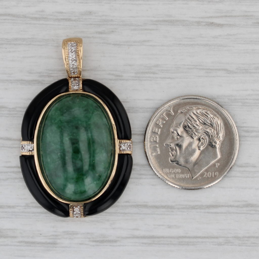 Gray Oval Cabochon Green Jadeite Jade Onyx Diamond Pendant 14k Yellow Gold