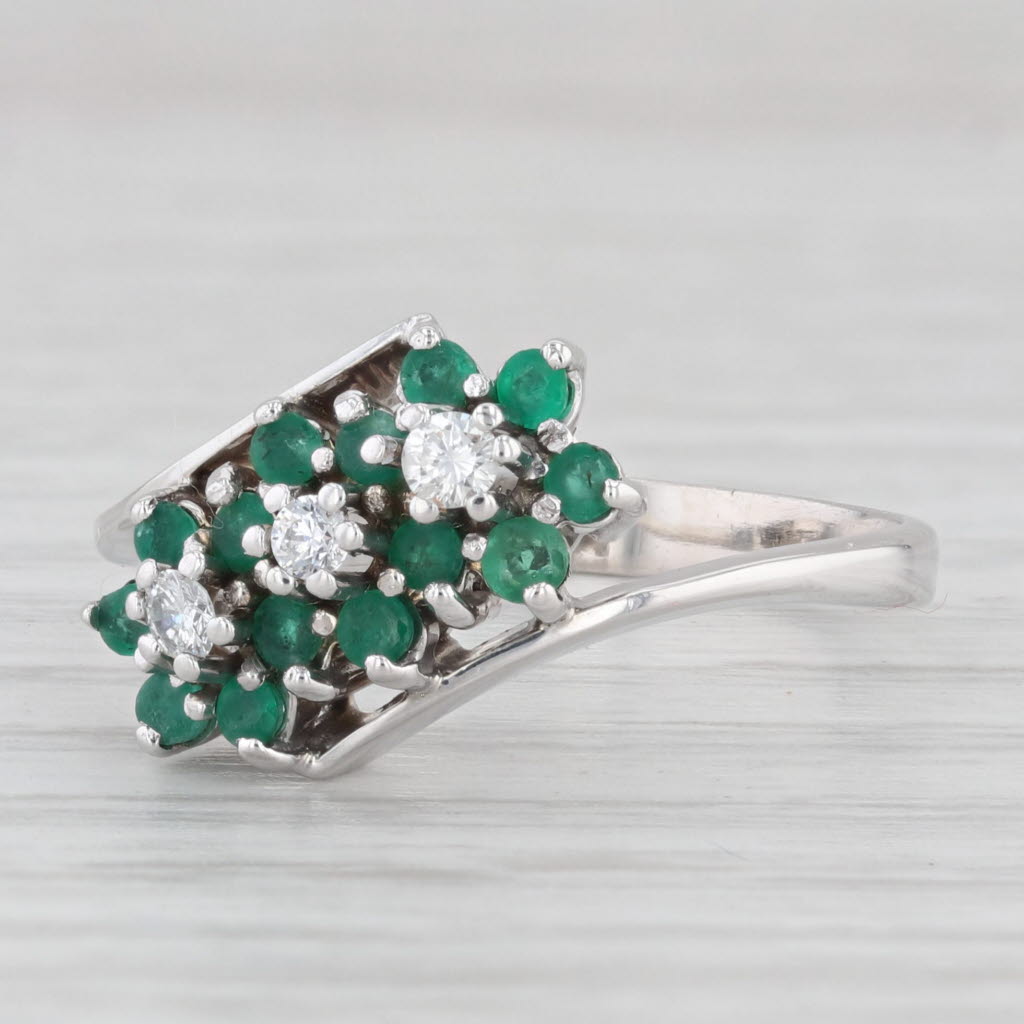 Light Gray 0.38ctw Emerald Diamond Flower Bypass Ring 14k White Gold Size 8.5