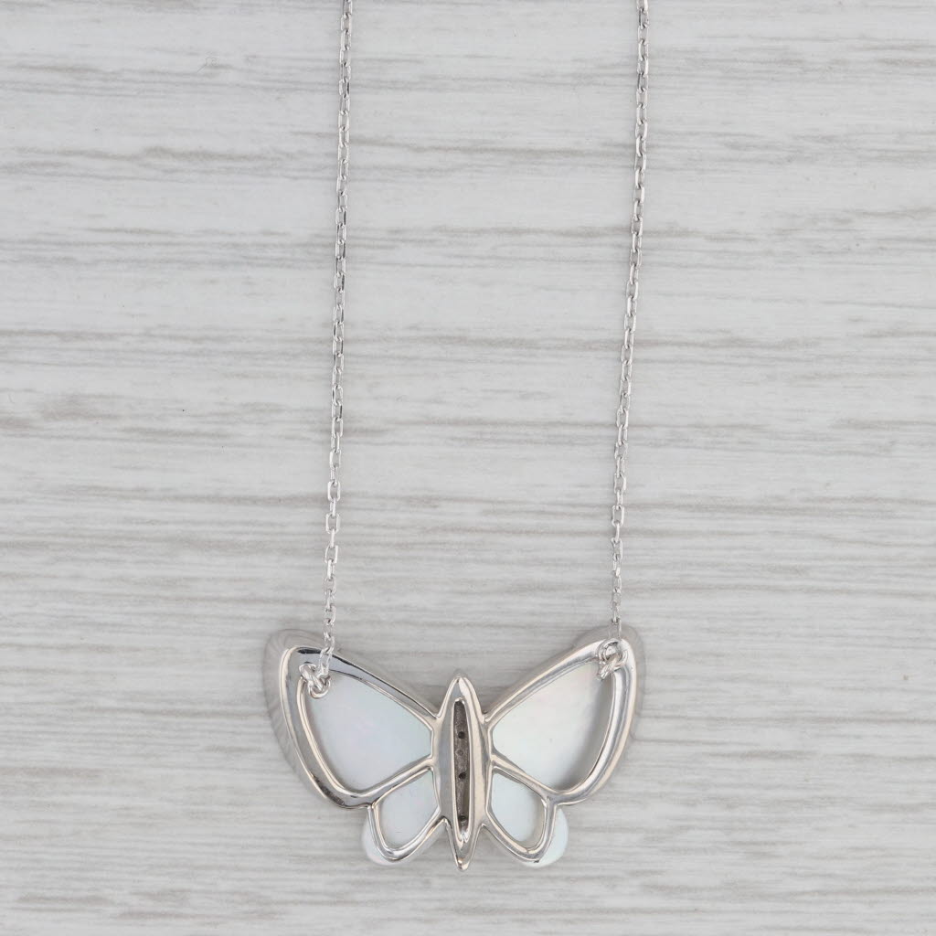 Gray Diamond Mother of Pearl Butterfly Pendant 14k White Gold 16.5" Cable Chain