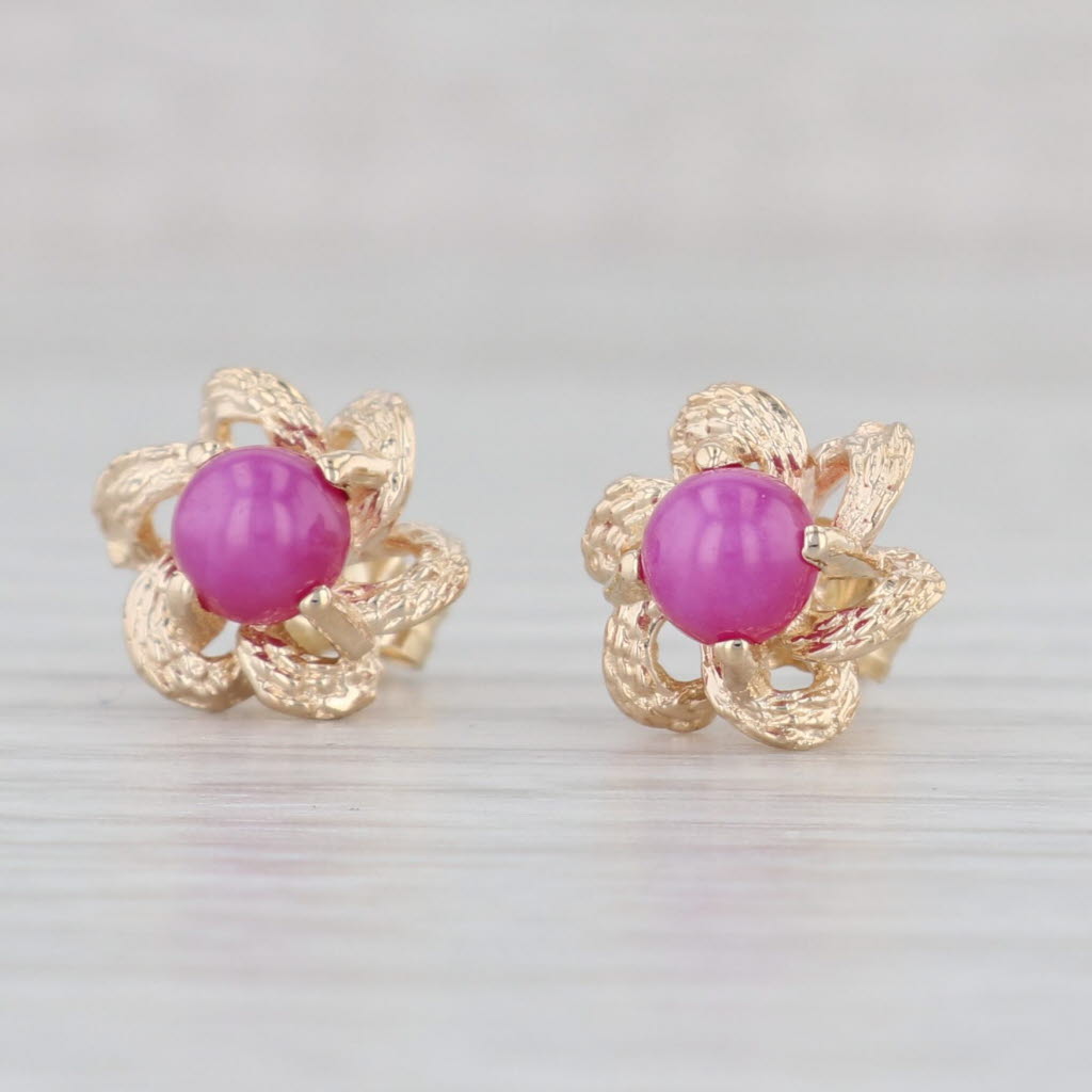 Light Gray Lab Created Ruby Flower Stud Earrings 14k Yellow Gold Round Cabochons