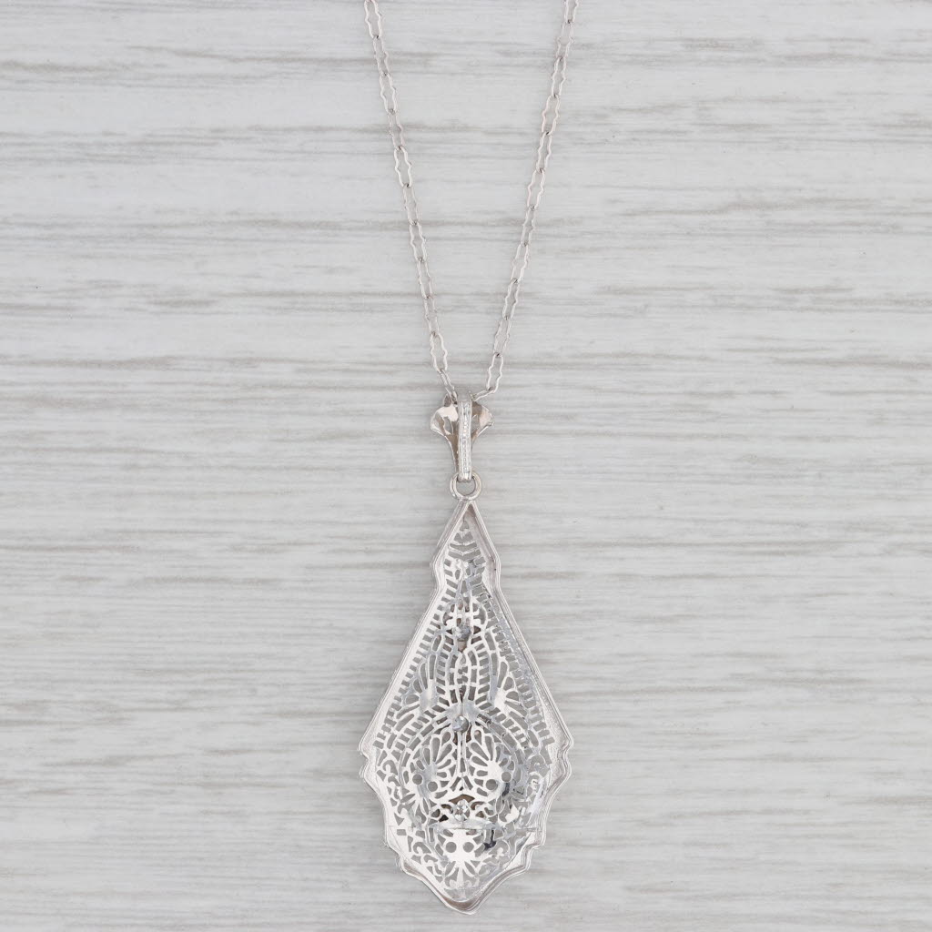 Light Gray Art Deco Diamond Filigree Pendant Necklace 10k White Gold 17" Crinkle Chain