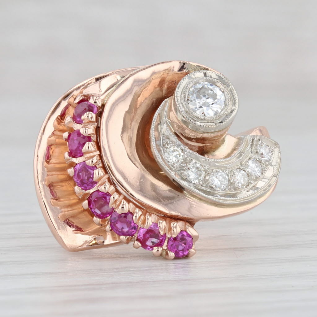 Light Gray Retro Gemstone Cocktail Ring 0.82ctw Ruby Diamond 14k Rose White Gold Size 4.5