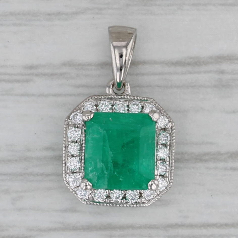 Gray 1.10ctw Emerald Diamond Halo Pendant 18k White Gold Small Drop