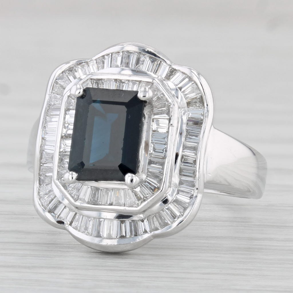 Light Gray 3.20ctw Emerald Cut Blue Sapphire Diamond Halo Ring 14k White Gold Size 8