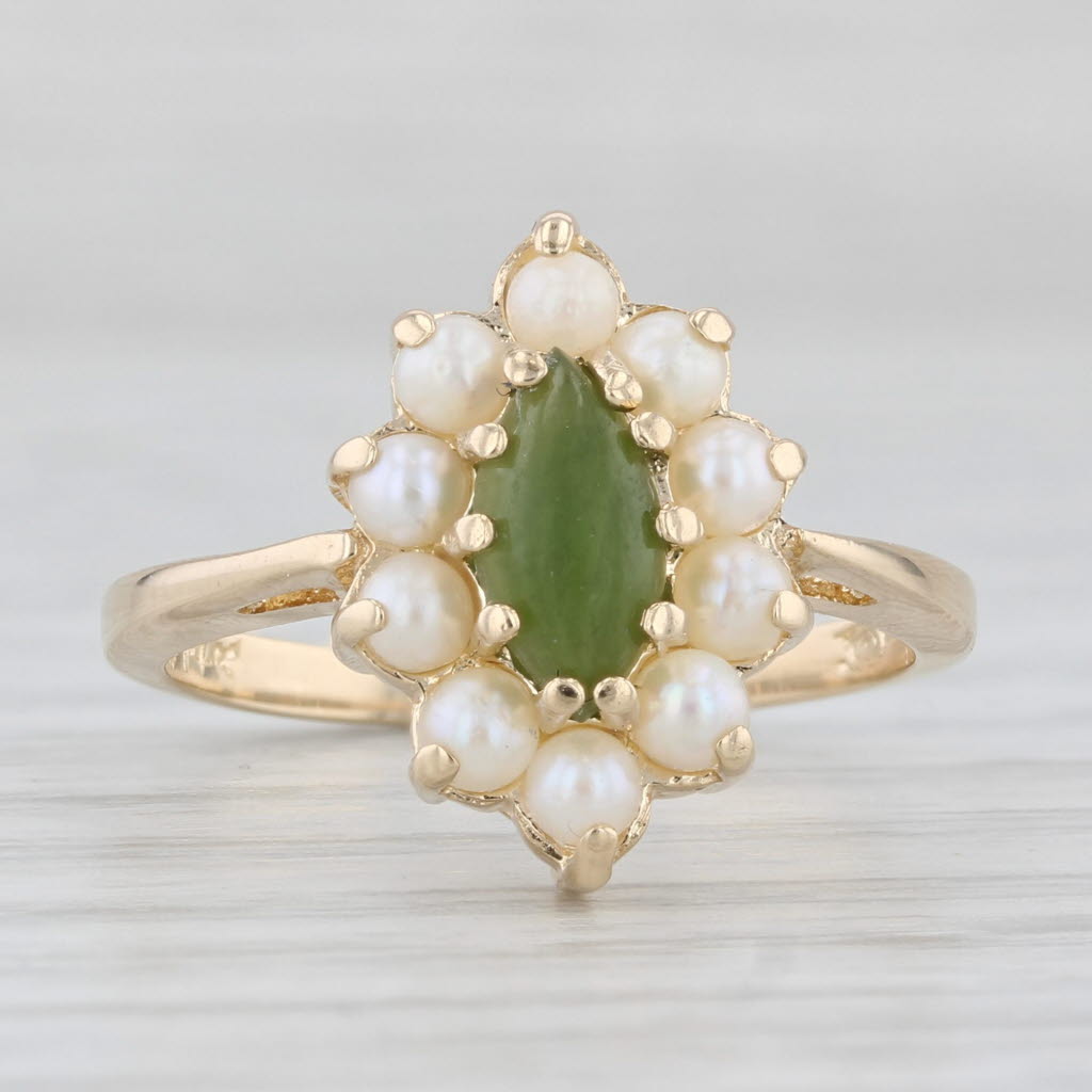 Light Gray Vintage Nephrite Jade Pearl Halo Ring 14k Yellow Gold Size 6.5