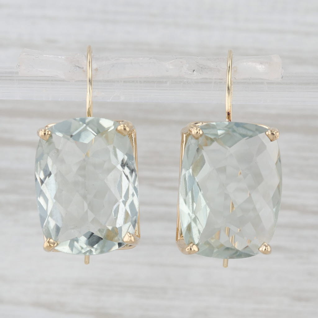 15.50ctw Cushion Prasiolite Green Amethyst Drop Earrings 14k Yellow Gold