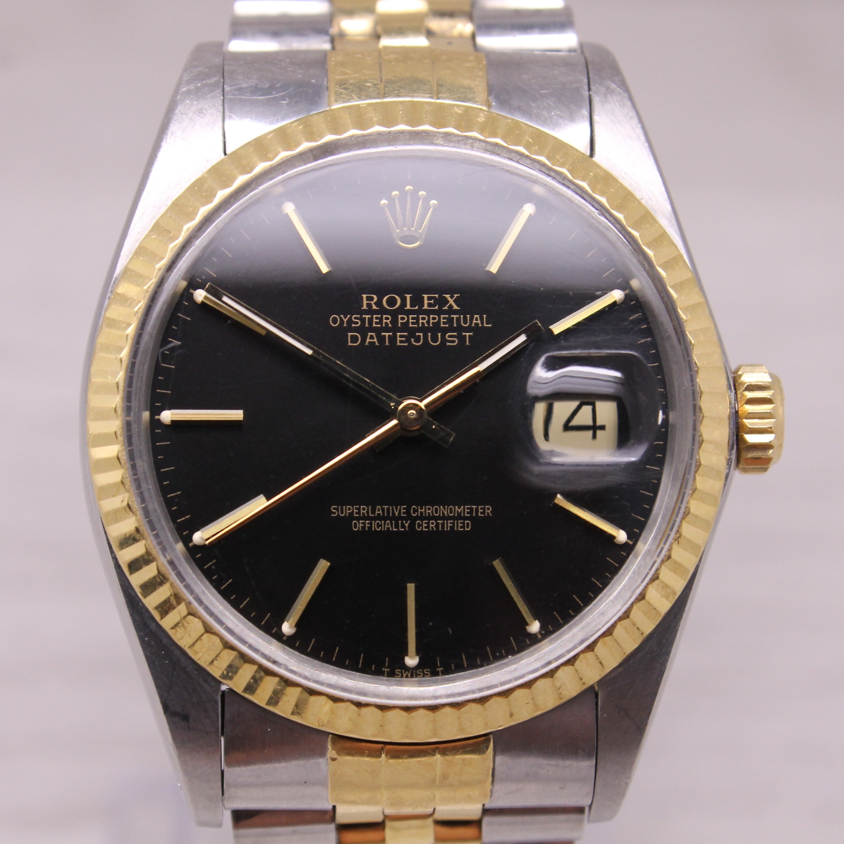Vintage 1986 Rolex Datejust 16013 Mens Automatic 18k Steel Watch w Jubilee Black