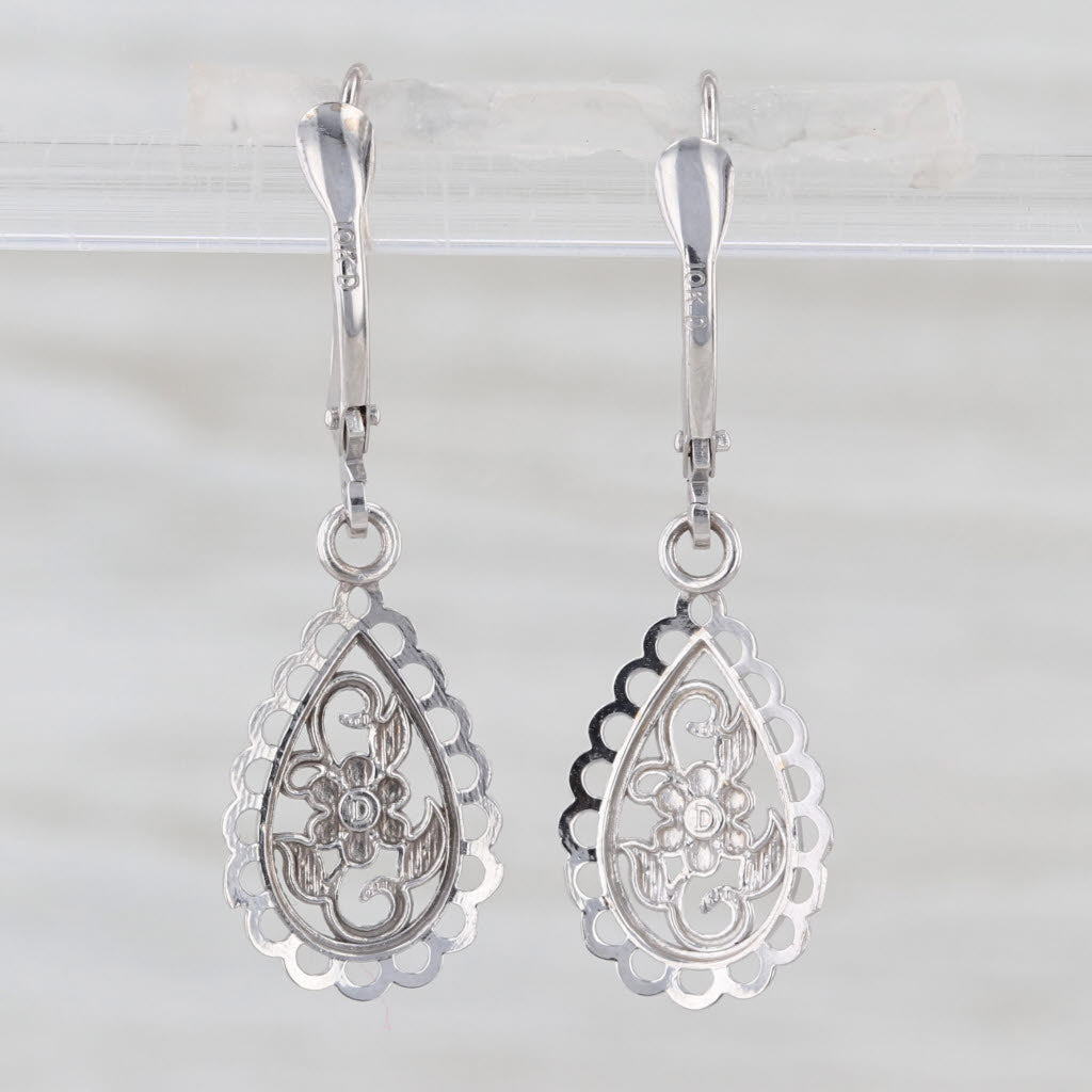Ornate Floral Openwork Teardrop Dangle Earrings 10k White Gold Lever Backs