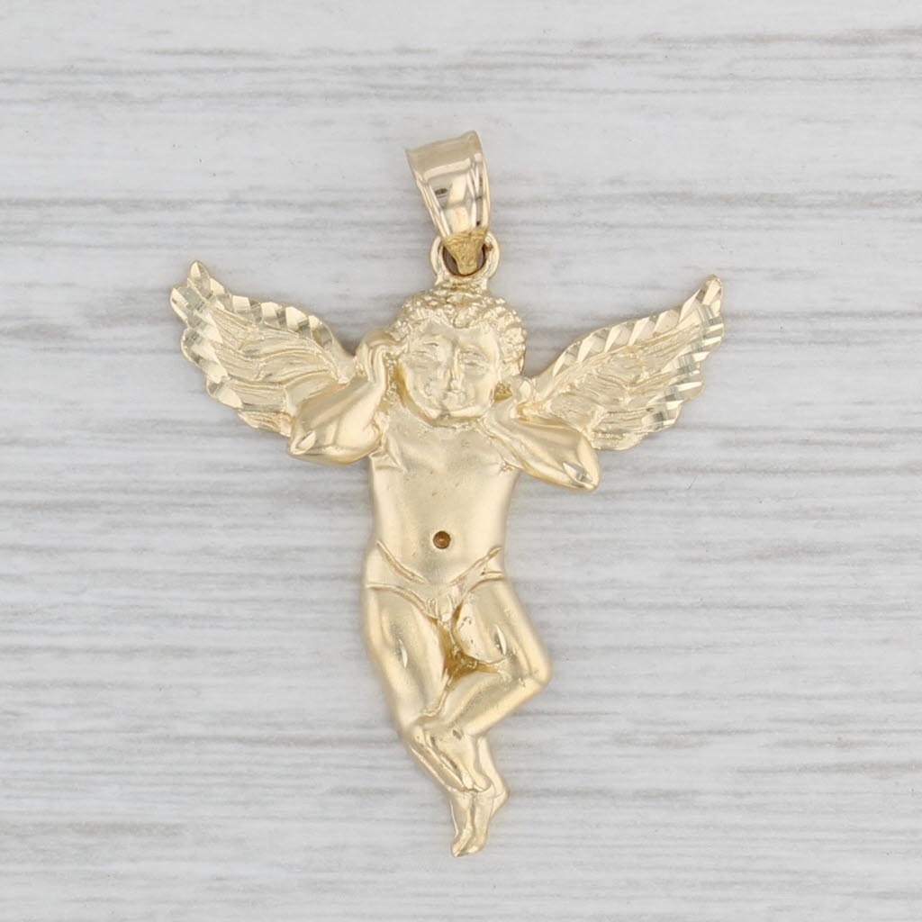 Light Gray Guardian Angel Pendant 14k Yellow Gold Figural Cherub Religious Jewelry