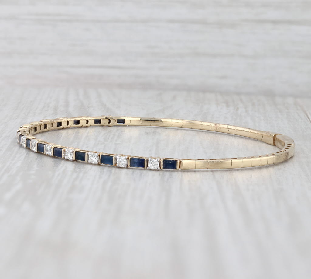 New 1.92ctw Blue Sapphire Diamond Flexible Bangle Bracelet 14k Yellow Gold 6.75"