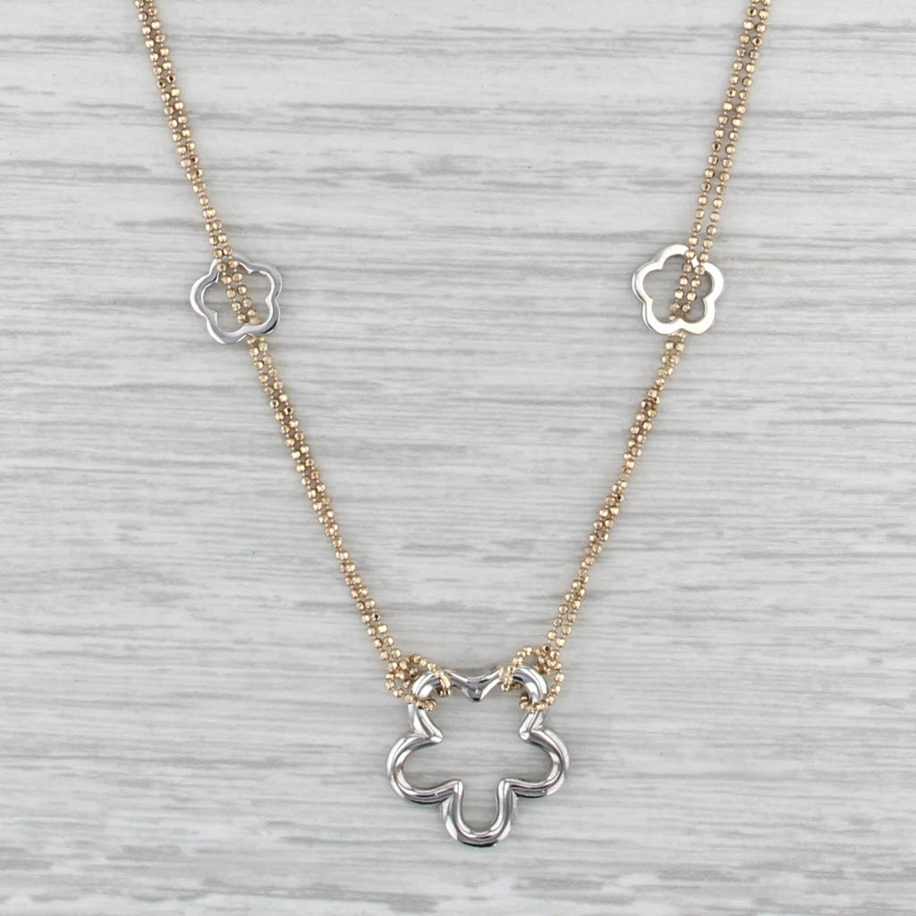 2-Toned Flower Station Bead Chain Necklace 14k Yellow White Gold 16" Floral