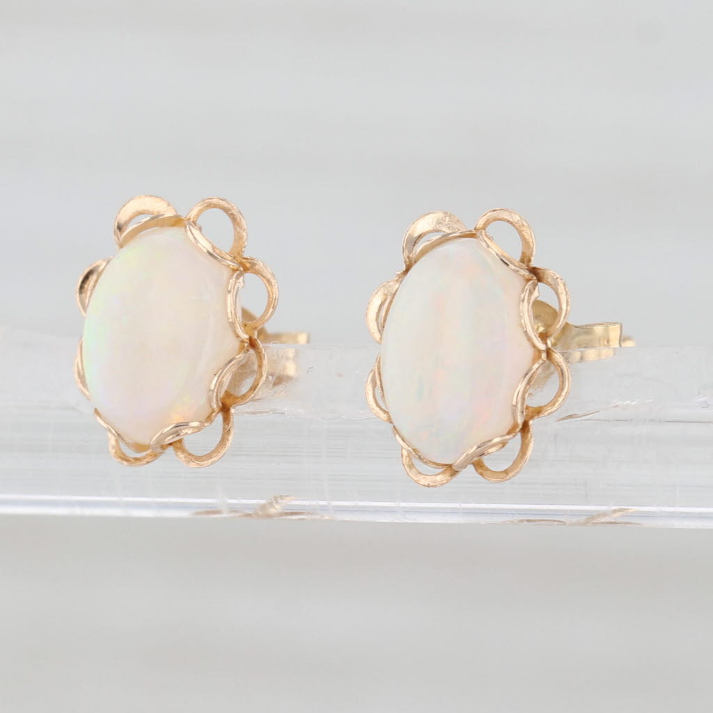 Oval Cabochon Opal Solitaire Stud Earrings 14k Yellow Gold Studs