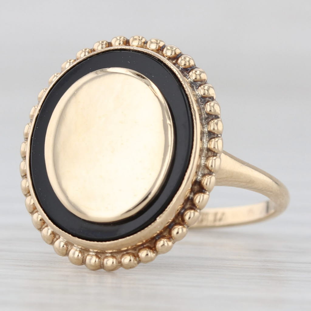 Light Gray Engravable Signet Ring 10k Yellow Gold Size 6.25 Black Glass