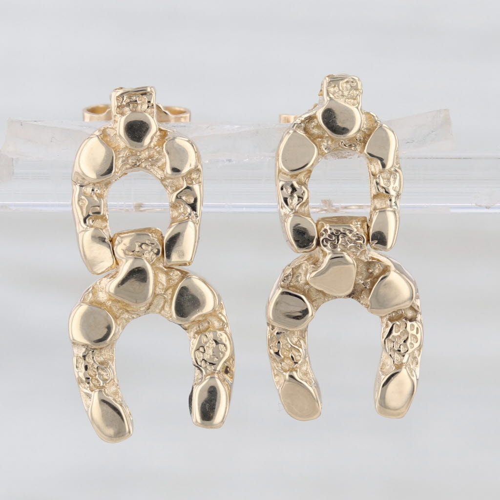 Gold Nugget Horseshoe Dangle Earrings 14k Yellow Gold Butterfly Back Drops