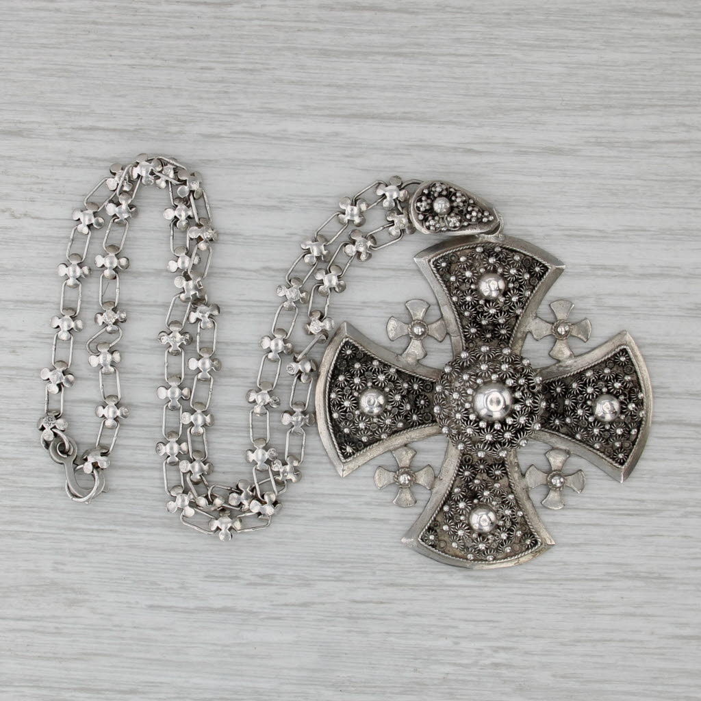 Vintage Large Jerusalem Cross Pendant Necklace Sterling Silver 17"